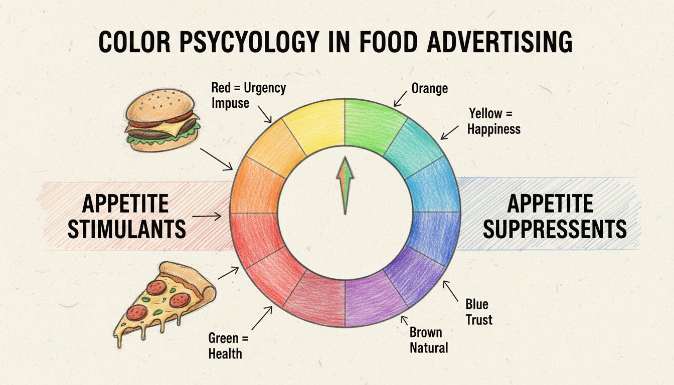 Diagrama de psicologia das cores mostrando cores quentes para estimular o apetite e cores frias para suprimir o apetite na publicidade de alimentos