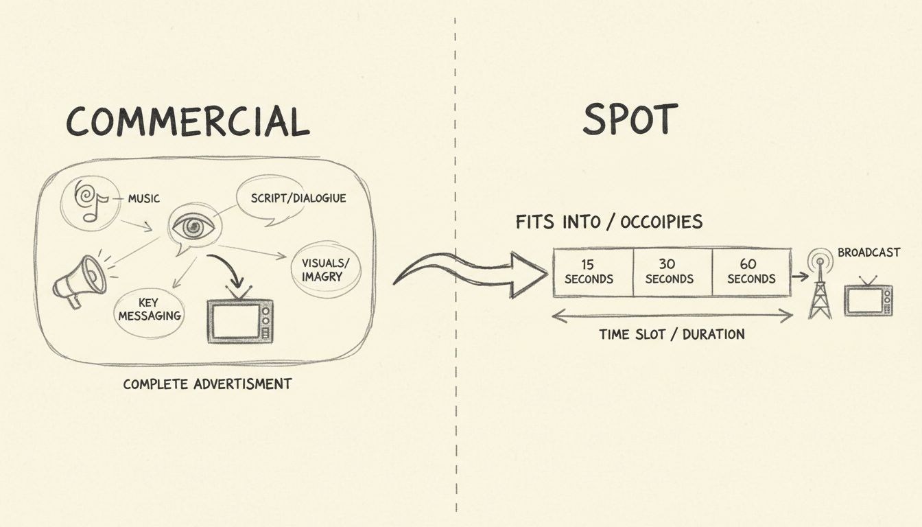 Diagram showing the difference between a commercial and a spot in advertising