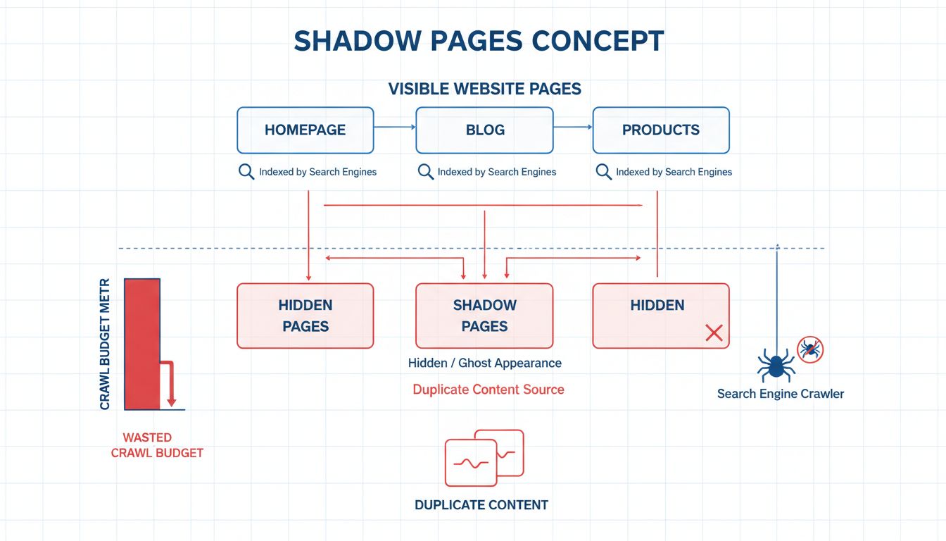 Diagrama técnico mostrando o conceito de páginas sombra, com páginas visíveis indexadas e páginas sombra ocultas desperdiçando orçamento de rastreamento