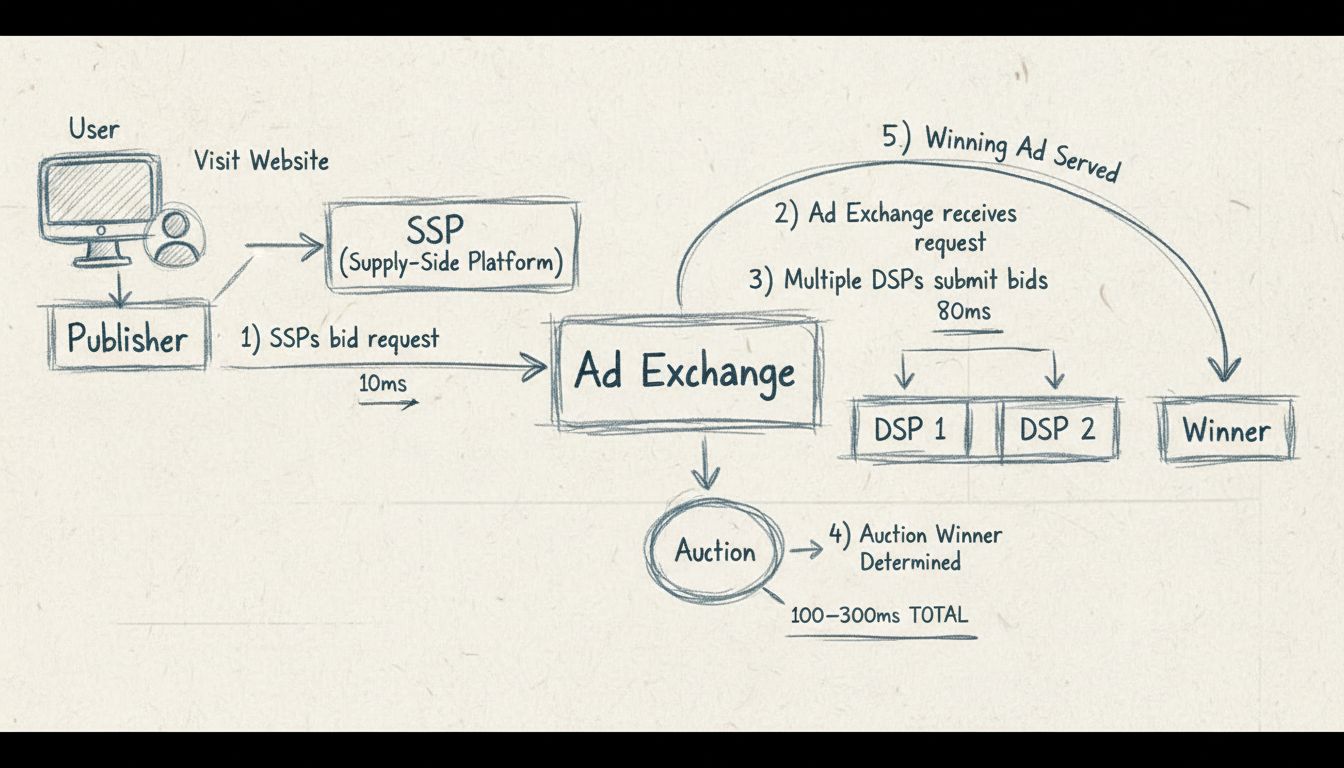 Diagrama do fluxo do processo de leilão de Real-Time Bidding mostrando usuário, publisher SSP, ad exchange, múltiplos DSPs dando lances simultaneamente e entrega do anúncio vencedor em 100-300ms