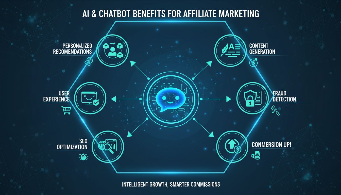 Infográfico sobre benefícios de IA e chatbots para marketing de afiliados mostrando geração de conteúdo, recomendações personalizadas, experiência do usuário, otimização de SEO, análises, detecção de fraude e aumento de conversão