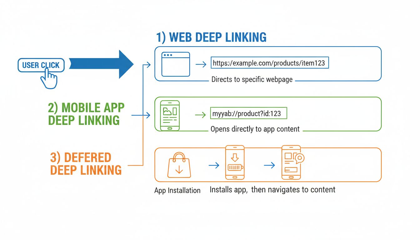 Deep linking types diagram showing web deep linking, mobile app deep linking, and deferred deep linking workflows