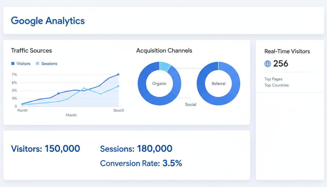 Painel do Google Analytics exibindo métricas de tráfego, dados de visitantes e canais de aquisição
