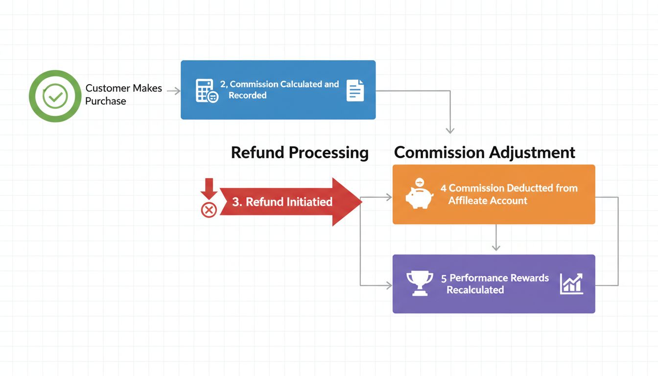 Diagrama do fluxo de rastreamento de comissão e processamento de reembolso mostrando compra, cálculo de comissão, processamento de reembolso e recálculo de recompensas de desempenho