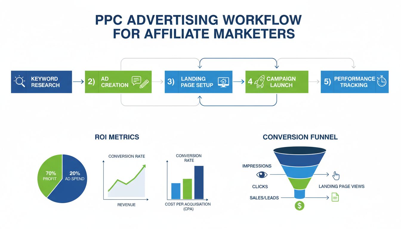 Fluxo de trabalho da publicidade PPC para afiliados mostrando pesquisa de palavras-chave, criação de anúncios, configuração de landing page, lançamento de campanha e acompanhamento de performance