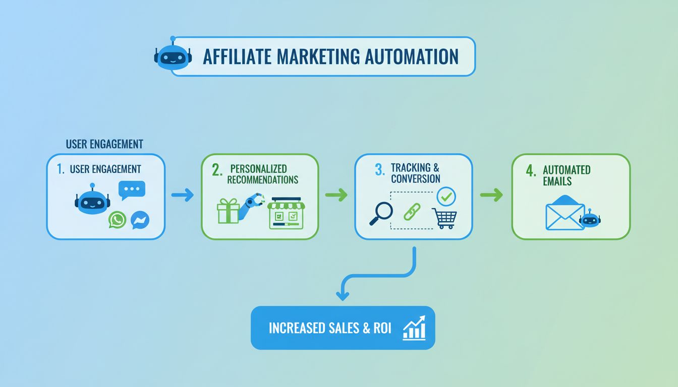 Infográfico mostrando o fluxo de automação dos bots no marketing de afiliados, com engajamento do usuário, recomendações de produtos, rastreamento de conversões e etapas de automação de e-mail