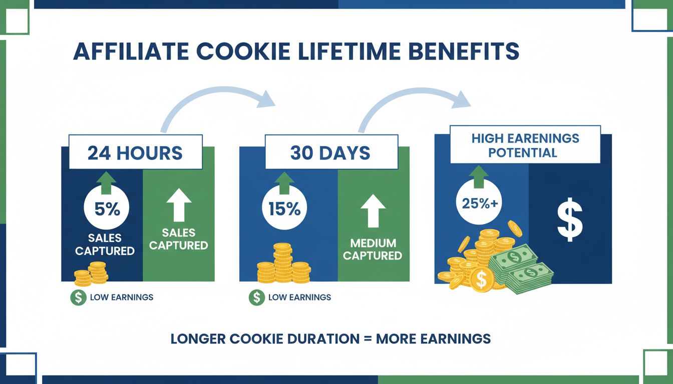 Comparação dos benefícios da vida útil do cookie mostrando durações de 24 horas, 30 dias e 90 dias com percentuais de vendas capturadas e visualização do potencial de ganhos do afiliado