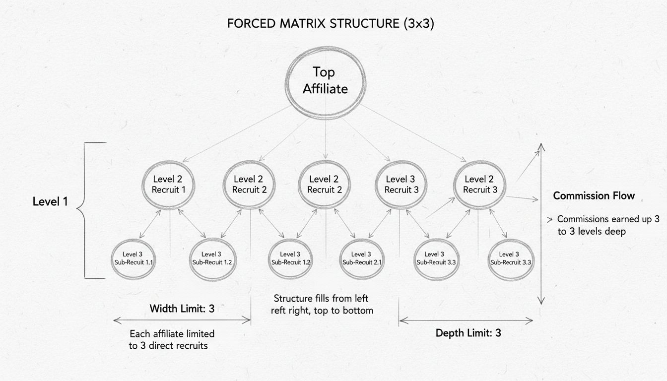 Diagrama de estrutura de Matriz Forçada 3x3 mostrando limitações de largura e profundidade com fluxo de comissão