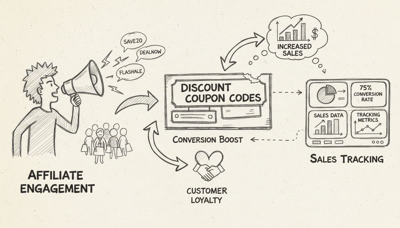 Diagrama desenhado à mão mostrando benefícios de cupons de afiliados incluindo engajamento, aumento de conversão, rastreamento de vendas e fidelização de clientes