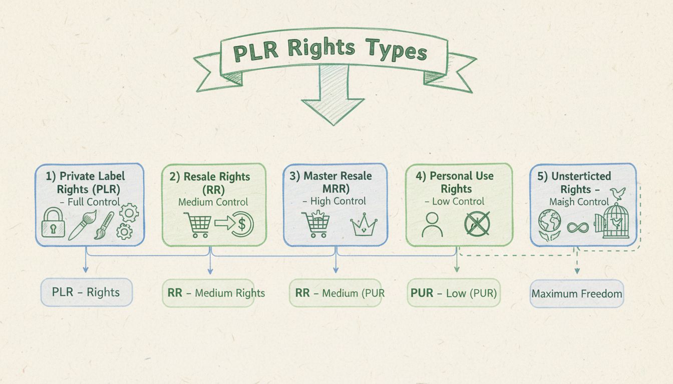 Diagrama mostrando os 5 tipos de direitos PLR com seus níveis de controle e liberdades