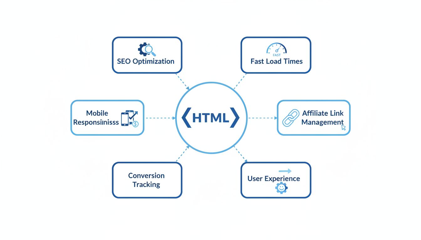 Benefícios do HTML para Afiliados - Diagrama Técnico mostrando SEO, Responsividade Móvel, Rastreamento de Conversão, Carregamento Rápido, Gestão de Links de Afiliados e Experiência do Usuário