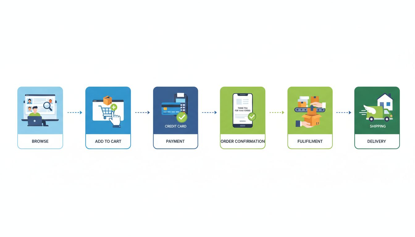 Diagrama do fluxo de e-commerce mostrando navegação do cliente, carrinho de compras, processamento de pagamento, confirmação do pedido e etapas de entrega