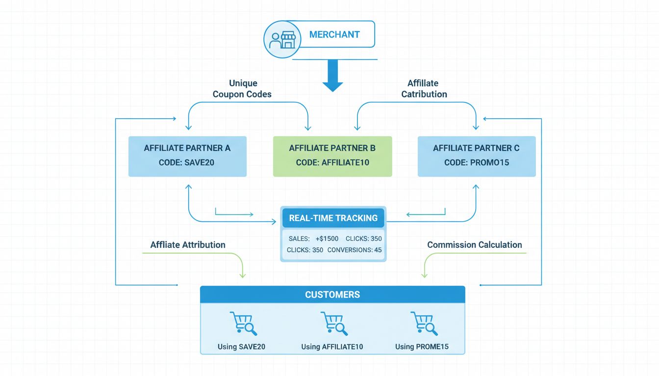 Fluxo de rastreamento de cupons de afiliados mostrando lojista, afiliados com códigos únicos e processo de checkout do cliente