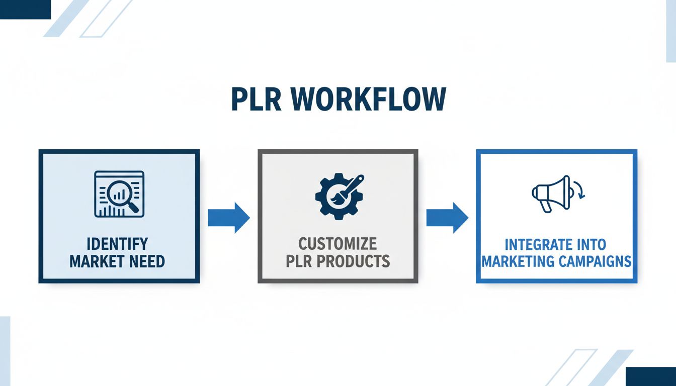 Diagrama do fluxo de trabalho PLR mostrando identificação de mercado, personalização do produto e integração de marketing