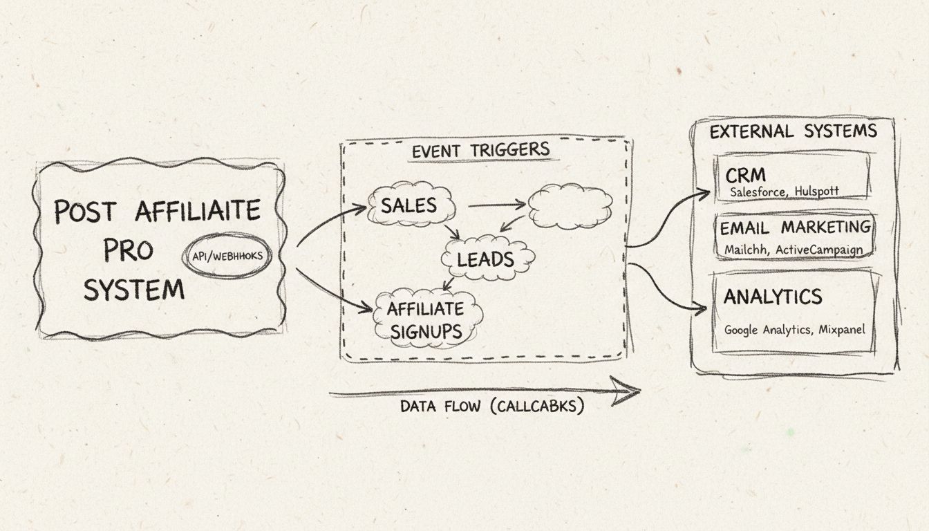 Diagrama do fluxo de trabalho dos Callbacks de Aplicação mostrando eventos do Post Affiliate Pro sendo enviados para sistemas externos