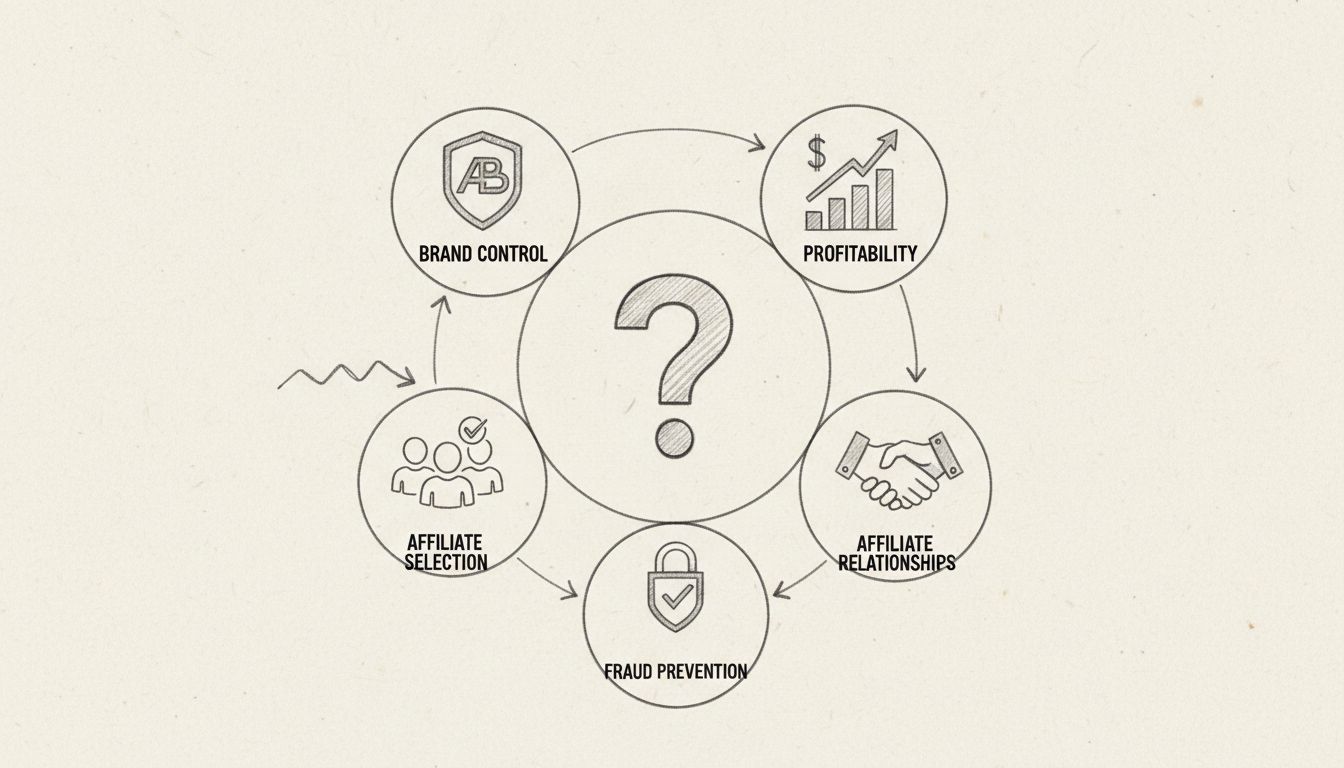 Infográfico mostrando os cinco principais desafios dos programas de afiliados: Controle da Marca, Seleção de Afiliados, Lucratividade, Relacionamento com Afiliados e Prevenção de Fraudes