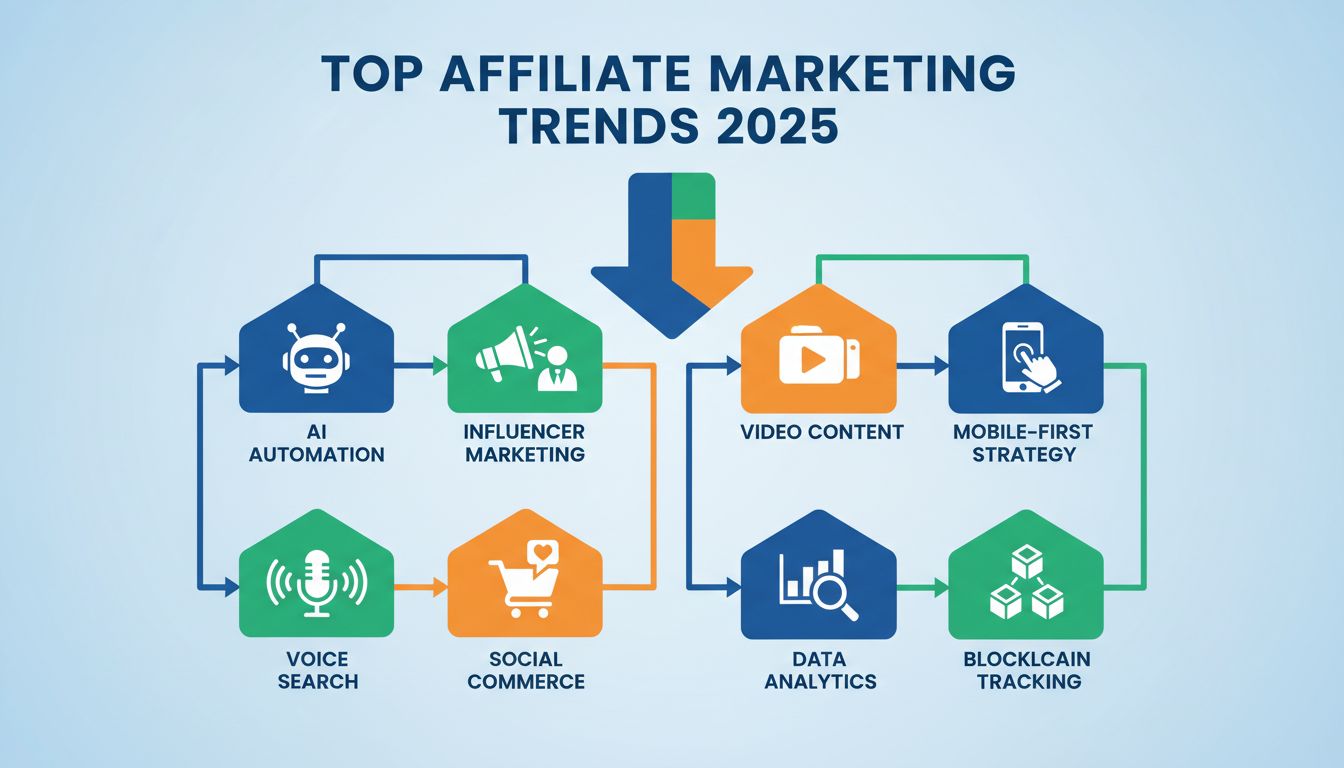 Principais tendências do marketing de afiliados em 2025: infográfico mostrando automação por IA, marketing de influência, conteúdo em vídeo, estratégia mobile-first, busca por voz, social commerce, análise de dados e blockchain