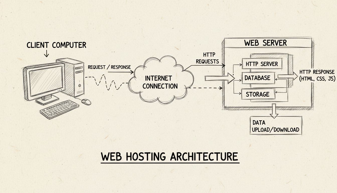 Diagrama de arquitetura de hospedagem de sites mostrando computador do cliente, conexão com a internet e servidor web com componentes de armazenamento e banco de dados
