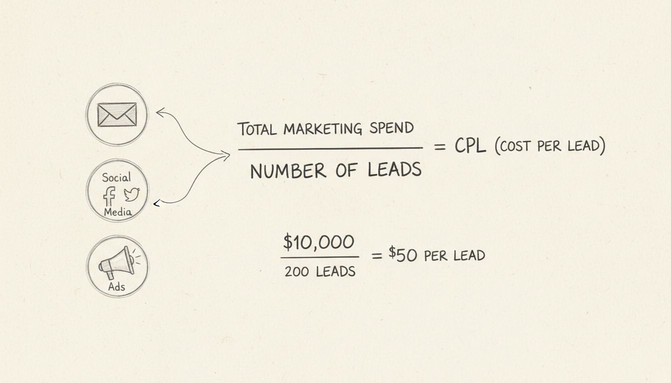 Diagrama da fórmula de cálculo do custo por lead mostrando o gasto total de marketing dividido pelo número de leads