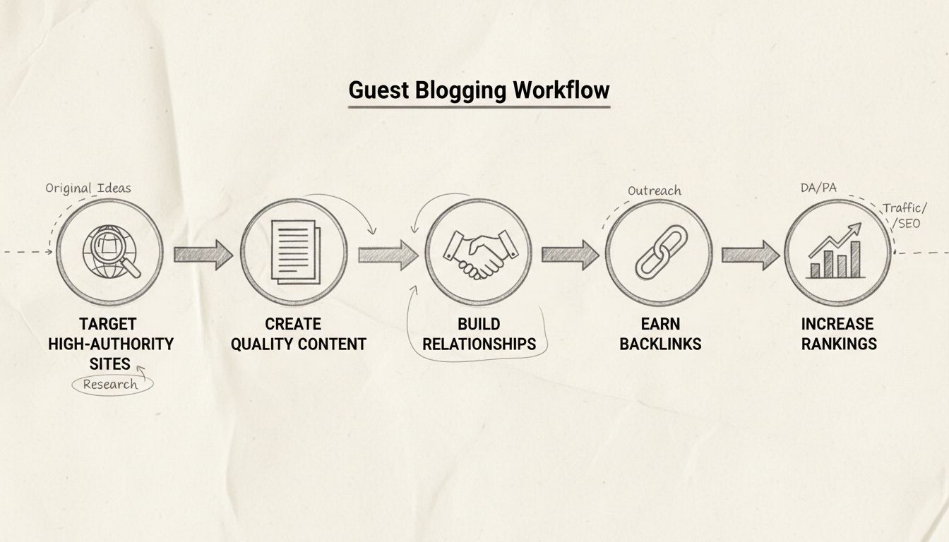 Fluxo de estratégia de guest blogging mostrando cinco etapas: Alvo em Sites de Alta Autoridade, Criação de Conteúdo de Qualidade, Construção de Relacionamentos, Conquista de Backlinks e Aumento de Rankings com setas conectando
