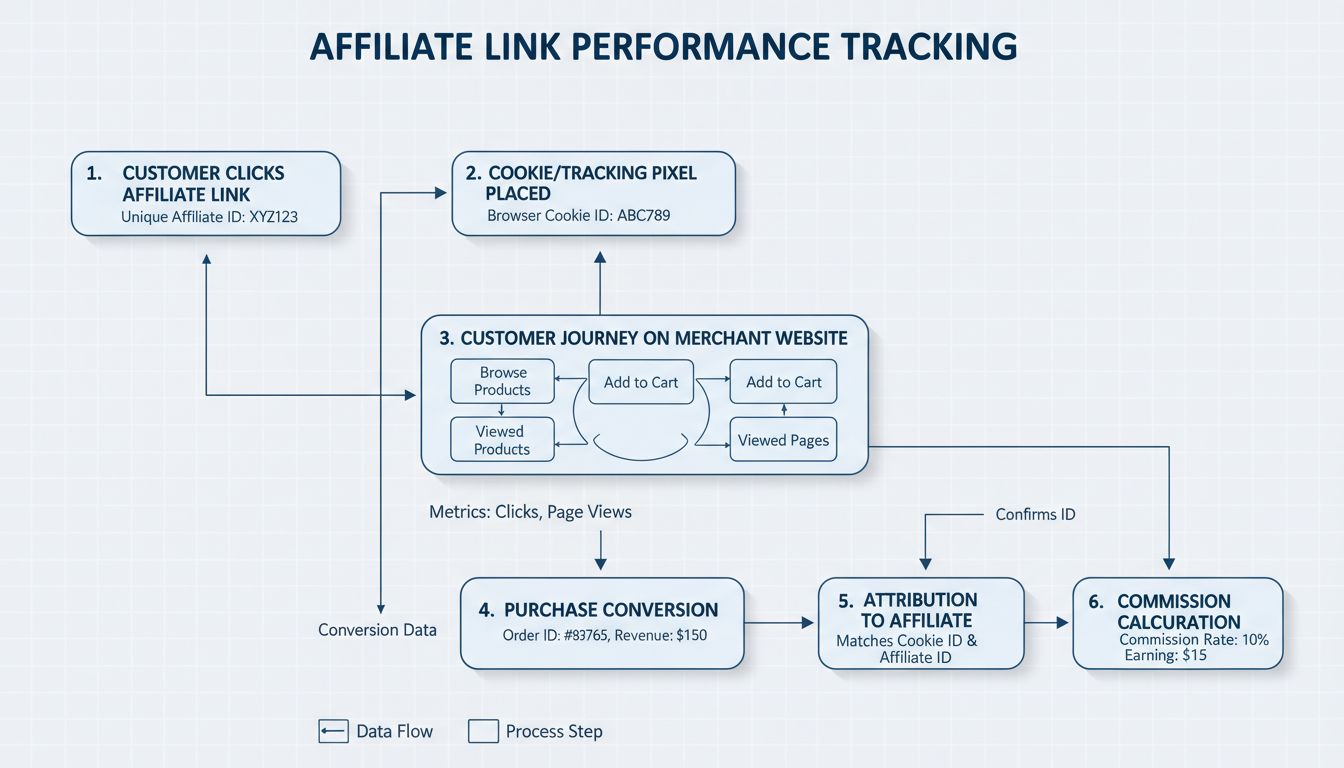 Diagrama de fluxo de rastreamento de link de afiliado mostrando a jornada do cliente do clique à comissão