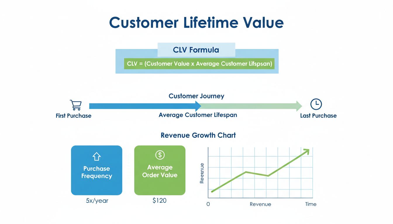 Fórmula de cálculo do Valor do Tempo de Vida do Cliente e infográfico de métricas mostrando fórmula CLV, linha do tempo da jornada do cliente e principais indicadores de desempenho