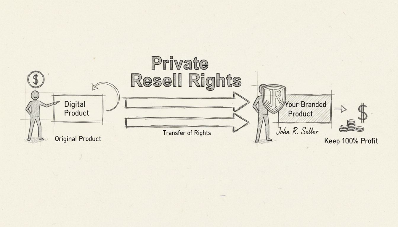 Diagrama desenhado à mão mostrando o processo de direitos de revenda privada: compra de um produto digital, transferência de direitos, rebranding com seu nome e ficando com 100% do lucro