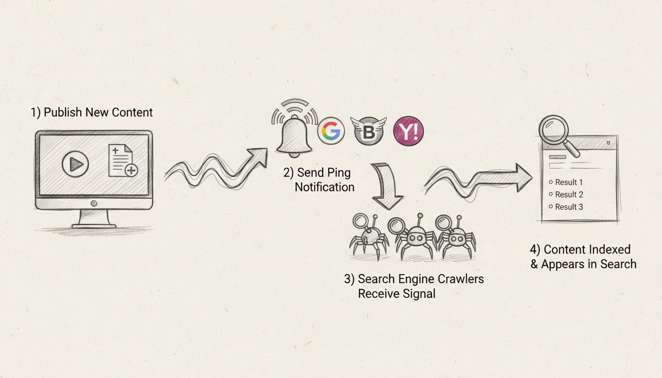 Diagrama do fluxo de trabalho do pinging em SEO mostrando publicação de conteúdo, notificação de ping aos mecanismos de busca, recepção do sinal pelo rastreador e indexação nos resultados de busca