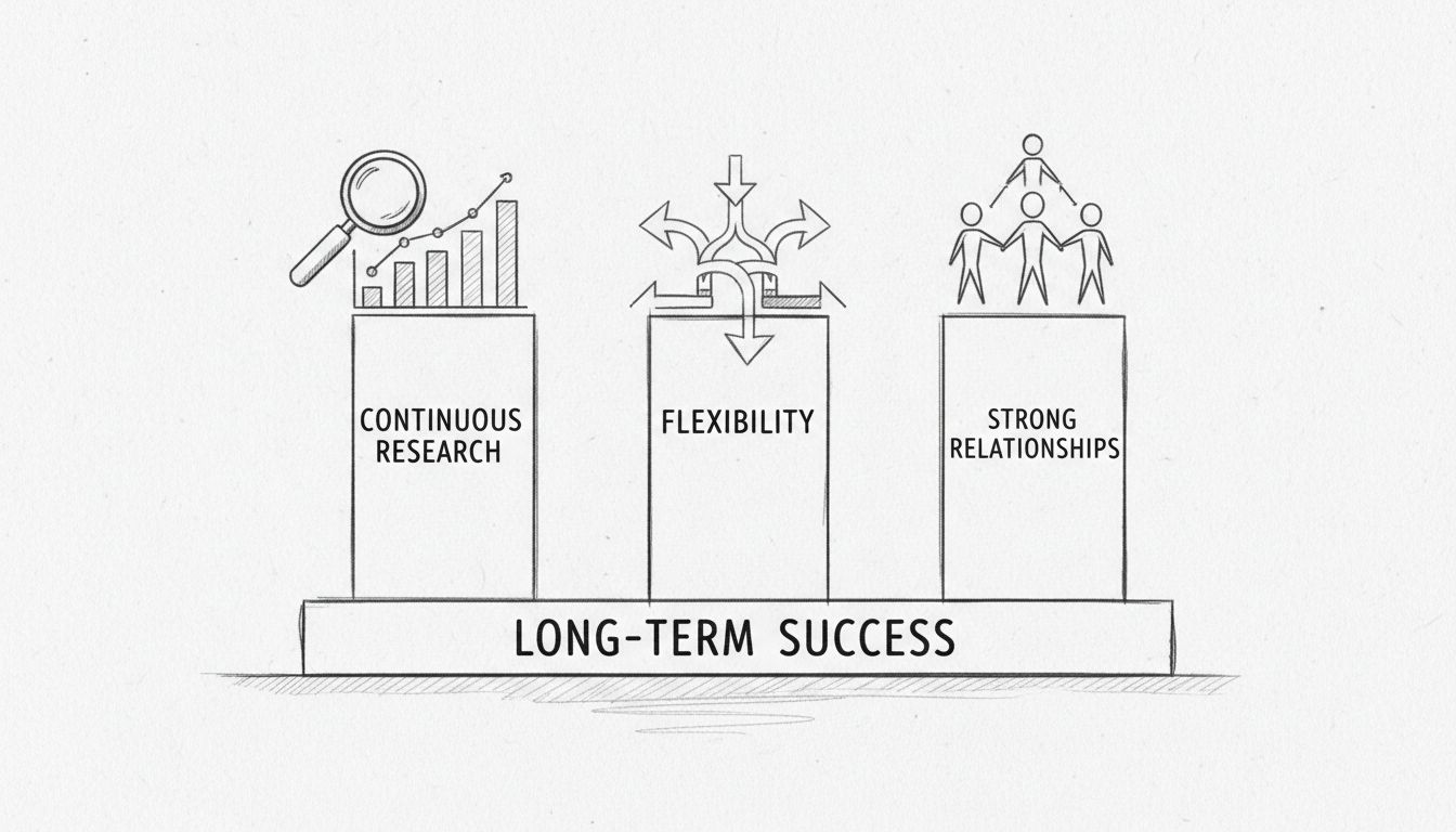 Três pilares do sucesso no marketing de afiliados: Pesquisa Contínua, Flexibilidade e Relacionamentos Sólidos sustentando o Sucesso a Longo Prazo