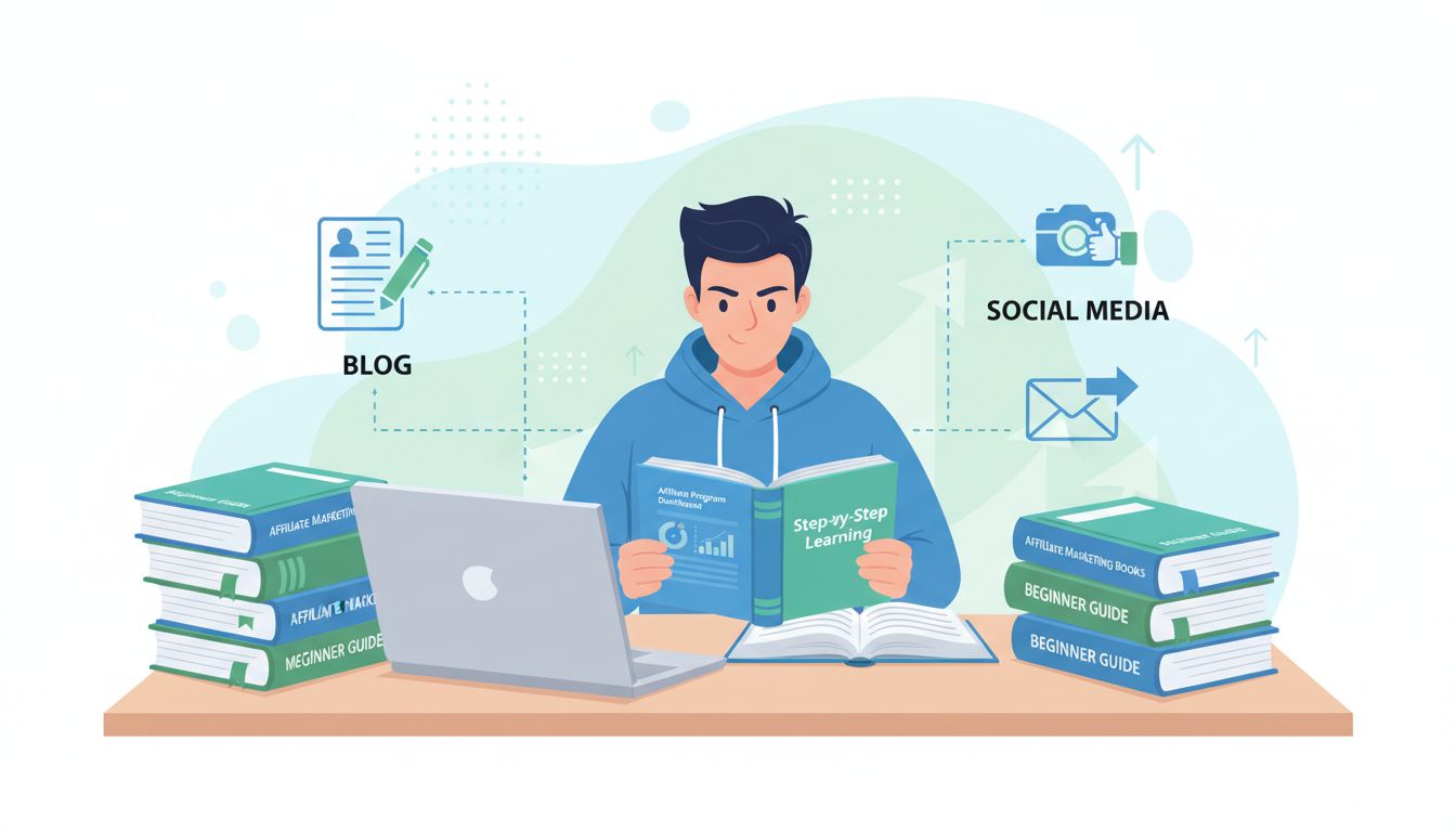 Afiliado iniciante aprendendo com livros e recursos em uma mesa com laptop e materiais de marketing de afiliados
