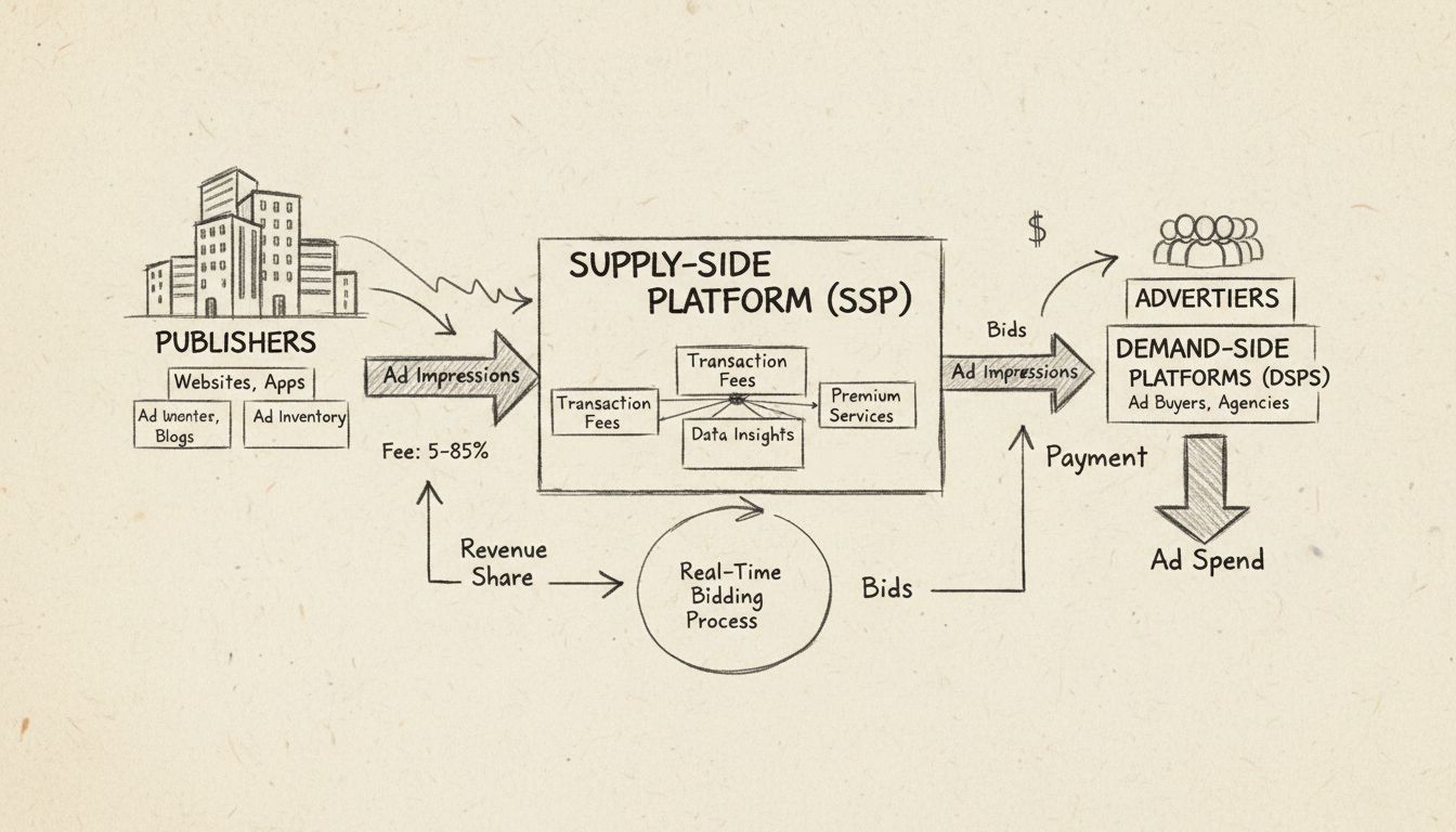 Diagrama desenhado à mão mostrando o fluxo de receita da SSP entre publishers, plataforma SSP e anunciantes com taxas em percentual