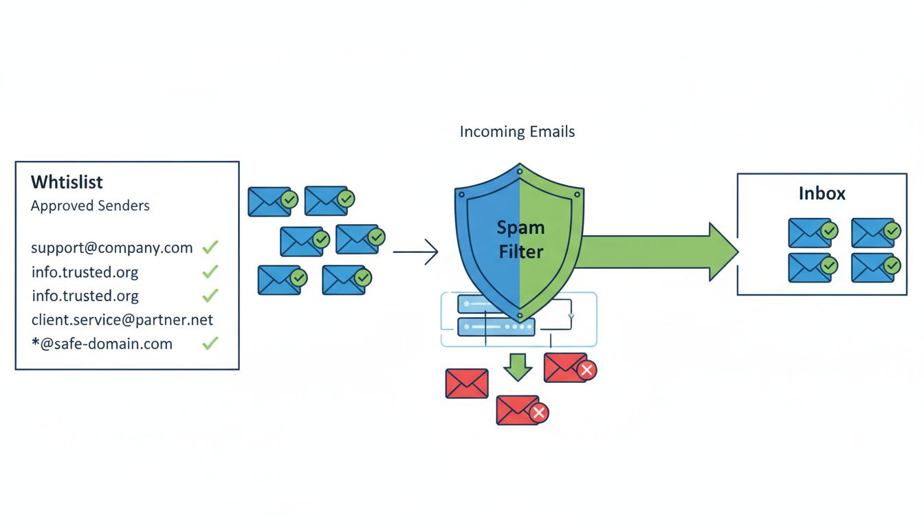Diagrama conceitual de segurança de lista de permissão de e-mail mostrando remetentes aprovados, bypass do filtro de spam e entrega confiável na caixa de entrada