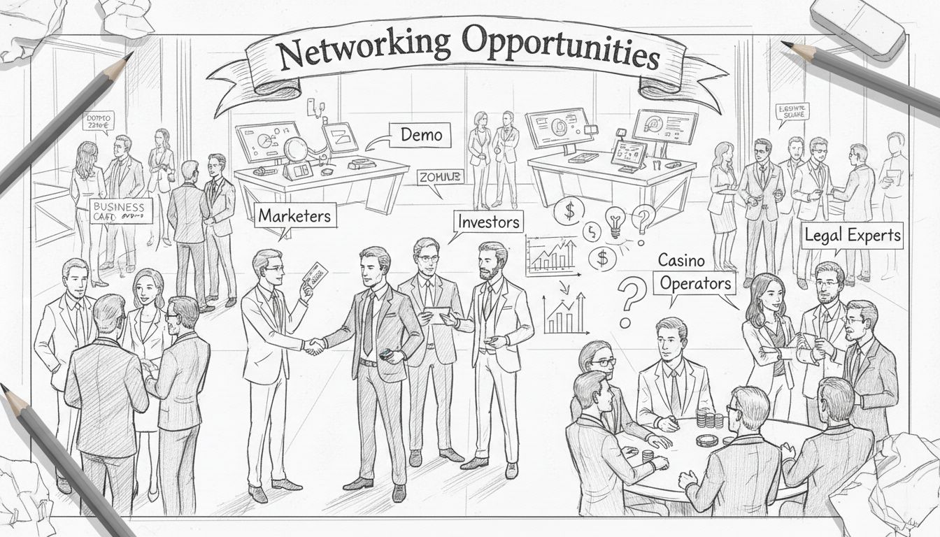Evento de networking profissional na demo zone com profissionais de marketing, operadores de cassino, investidores e especialistas jurídicos trocando cartões de visita e discutindo oportunidades