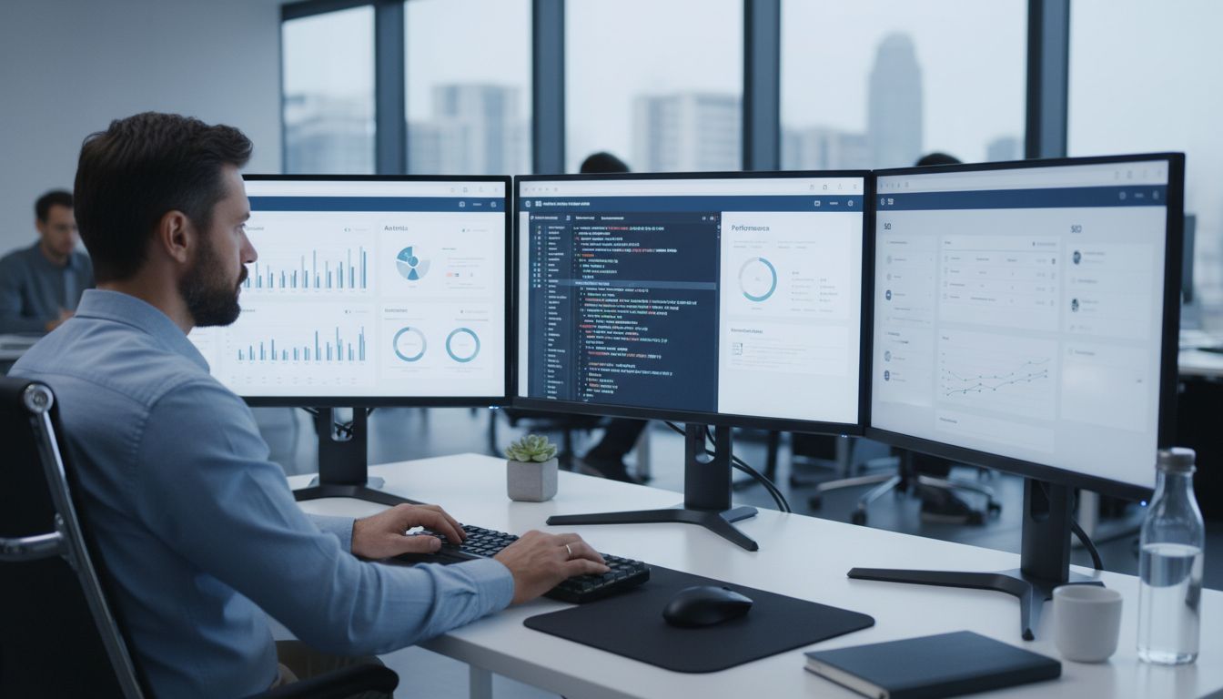 Webmaster profissional trabalhando em mesa com vários monitores exibindo análises de site, editor de código e painel de SEO