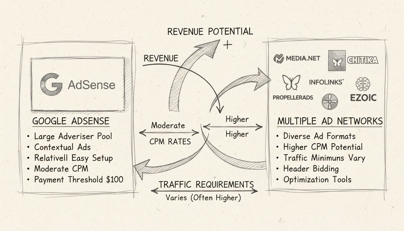 Diagrama comparativo desenhado à mão das redes de anúncios alternativas mostrando Media.net, InfoLinks, Chitika, PropellerAds e Ezoic com seus principais recursos e métricas