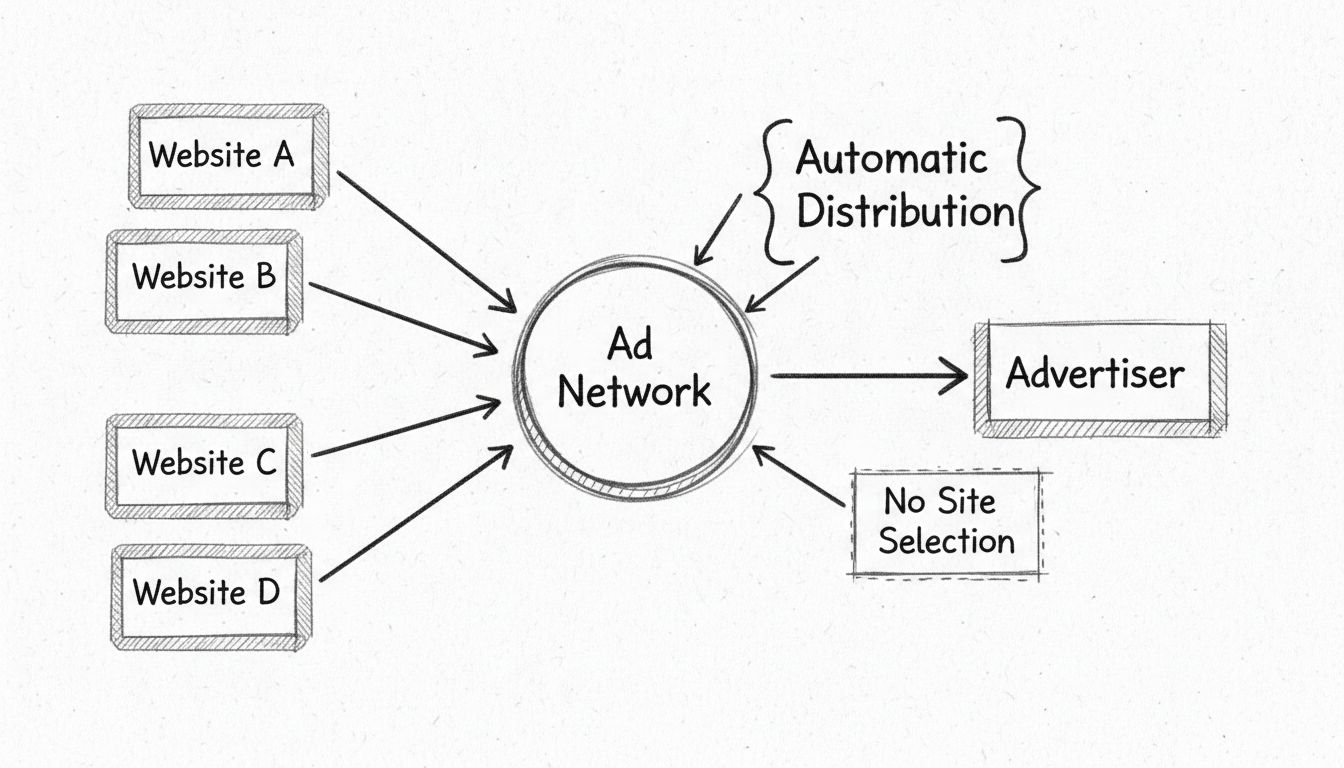 Diagrama de Run of Network mostrando anunciante conectando-se à rede de anúncios que distribui anúncios em vários sites