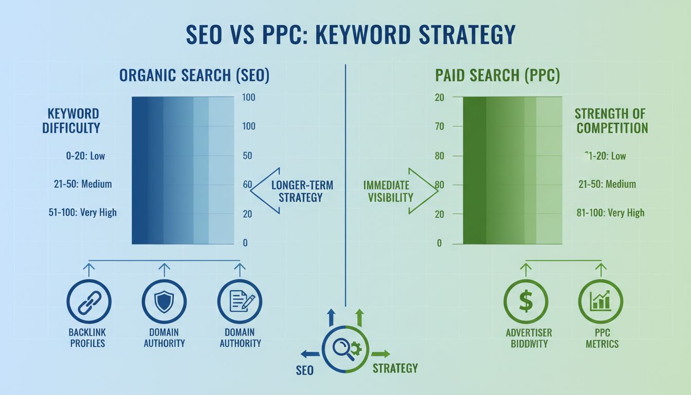 Infográfico comparando dificuldade de palavra-chave versus força da concorrência mostrando métricas de SEO orgânico à esquerda e métricas de PPC pago à direita
