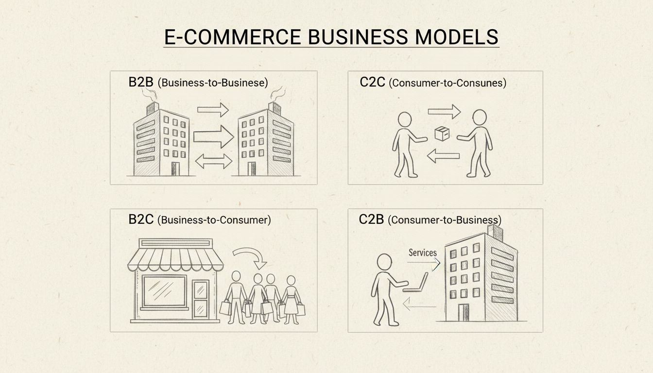 Diagrama desenhado à mão mostrando os quatro tipos de modelos de e-commerce: B2B, B2C, C2C e C2B com fluxos de transação e tipos de participantes