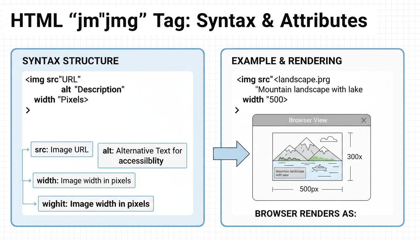 Diagrama de sintaxe da tag img em HTML mostrando os atributos src, alt, width e height com exemplos de código