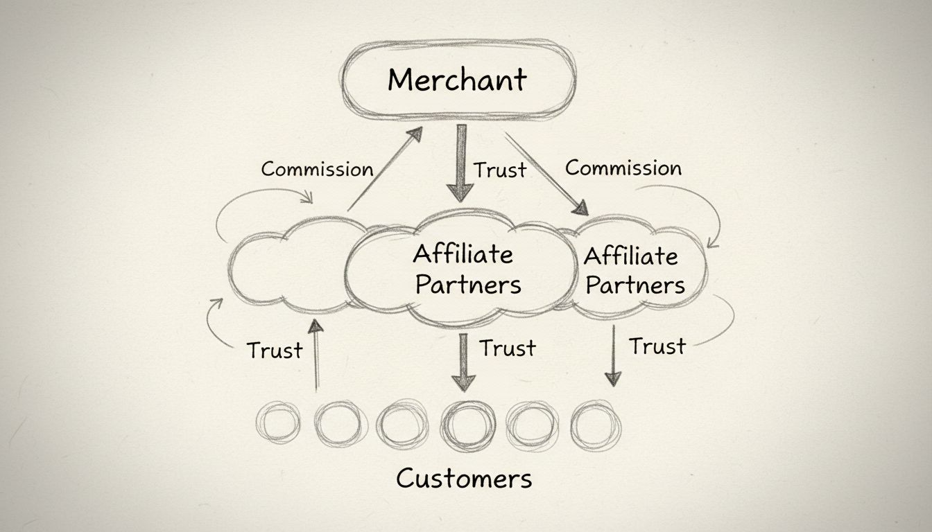 Diagrama da estrutura de programa de afiliados mostrando comerciante, parceiros afiliados, clientes, fluxo de comissões e relações de confiança
