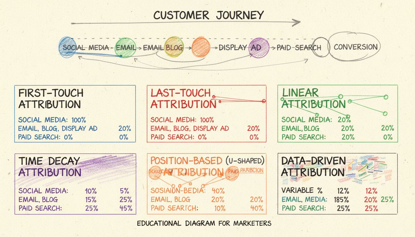 Diagrama de Comparação de Modelos de Atribuição mostrando First-Touch, Last-Touch, Linear, Decadência Temporal, Baseado em Posição e Orientado por Dados com percentuais de distribuição de crédito