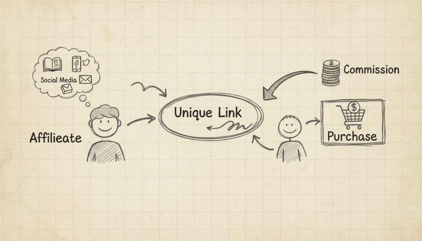 Diagrama do fluxo de campanha de marketing de afiliados mostrando afiliados promovendo em múltiplos canais, links de rastreamento exclusivos, conversão de clientes e recebimento de comissão