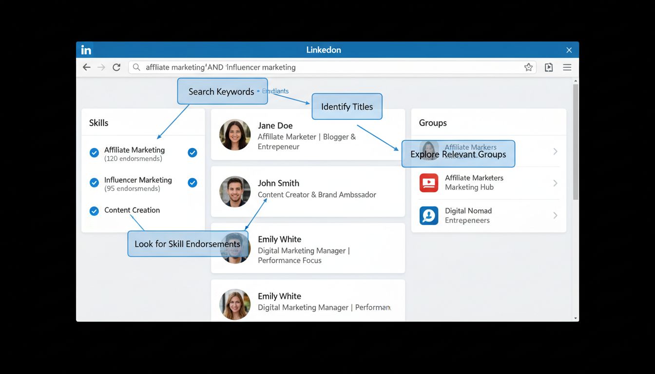 Interface do LinkedIn mostrando como pesquisar e identificar afiliados de marketing usando pesquisas por palavras-chave, análise de perfis e engajamento em grupos