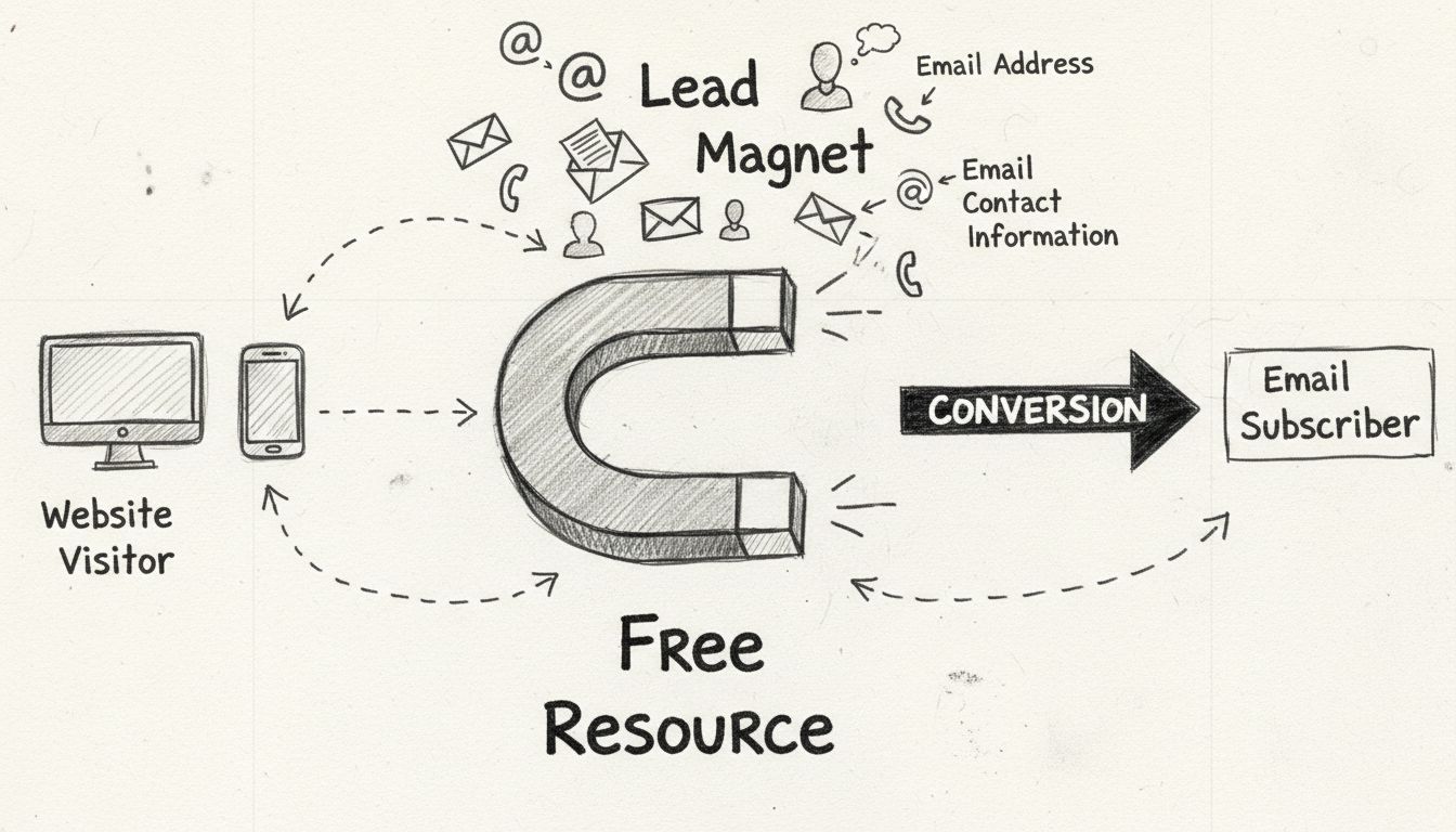 Diagrama de conceito de lead magnet mostrando um ímã atraindo ícones de email e informações de contato com fluxo de conversão