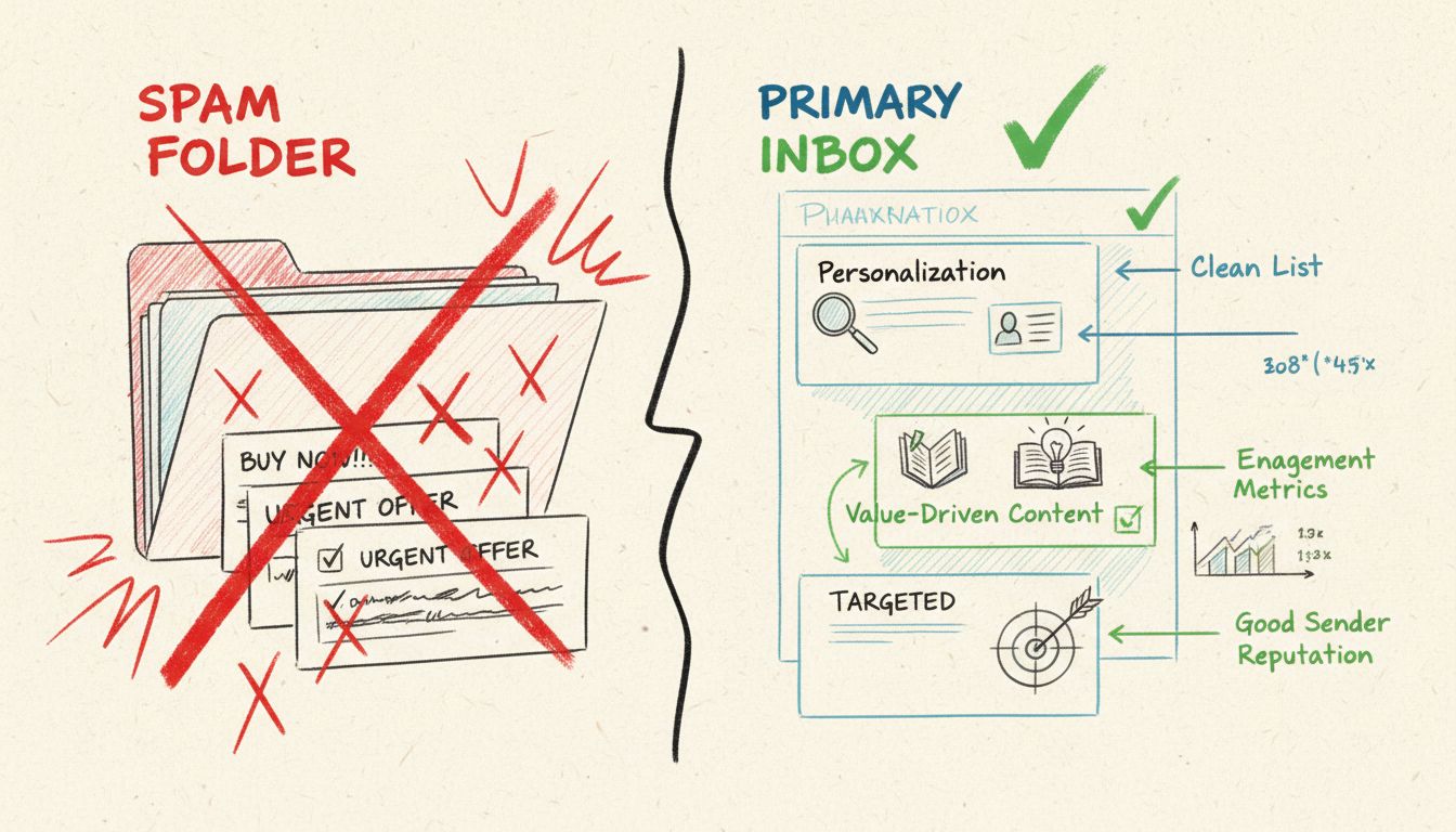 Diagrama de boas práticas de e-mail frio mostrando personalização, conteúdo orientado por valor, listas limpas, boa reputação do remetente e abordagem direcionada