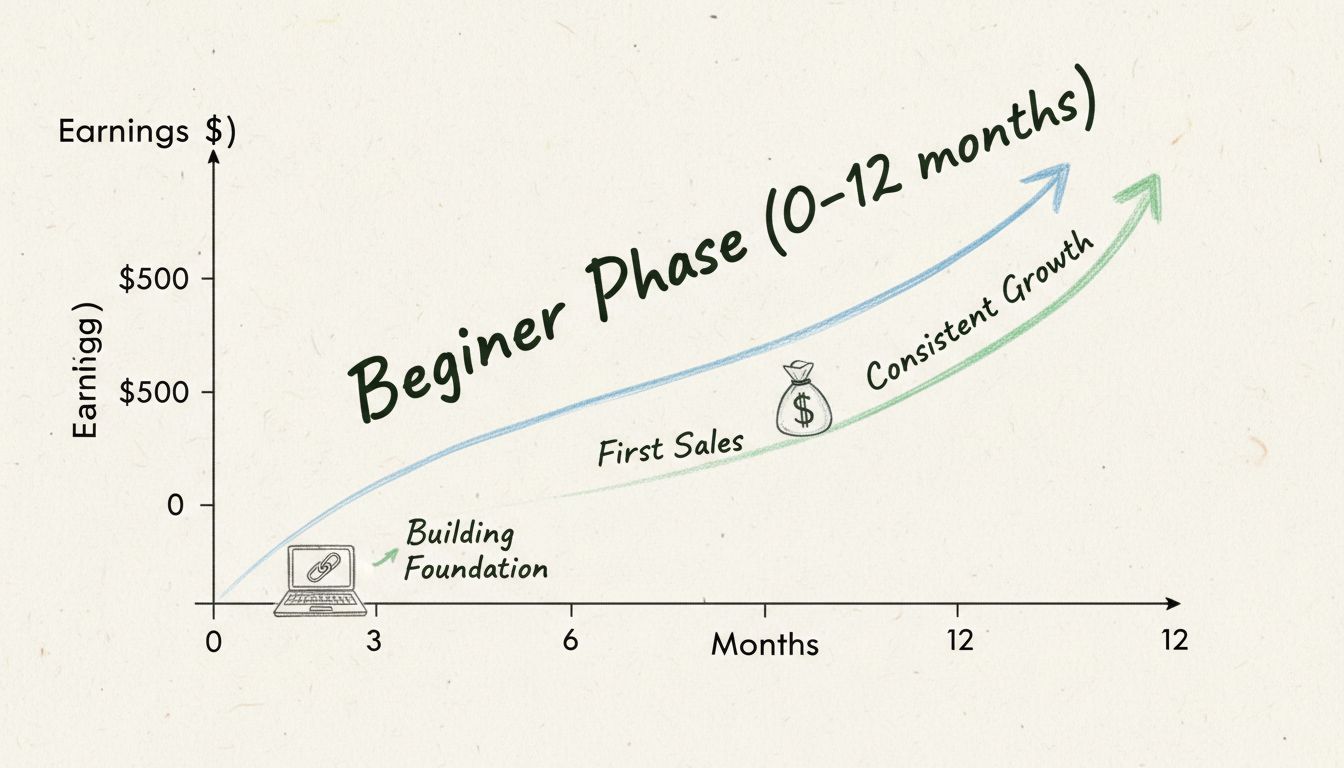 Gráfico de progressão dos ganhos de um iniciante em marketing de afiliados mostrando crescimento de R$0 a R$1.000 ao longo de 12 meses