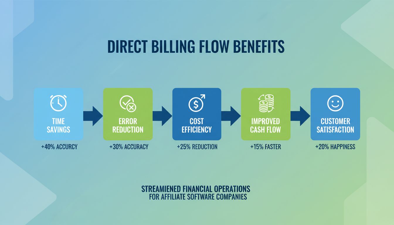 Infográfico sobre benefícios do fluxo de faturamento direto mostrando economia de tempo, redução de erros, eficiência de custos, melhoria do fluxo de caixa e satisfação do cliente