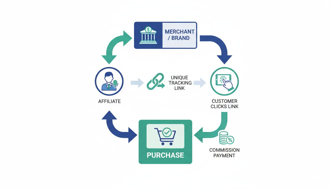 Diagrama do fluxo do processo de marketing de afiliados mostrando comerciante, afiliado, cliente, link de rastreamento, compra e pagamento de comissão