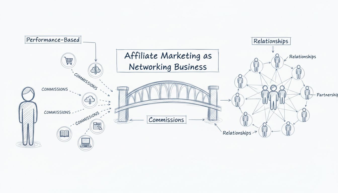 Diagrama desenhado à mão mostrando os relacionamentos e conexões de networking no marketing de afiliados