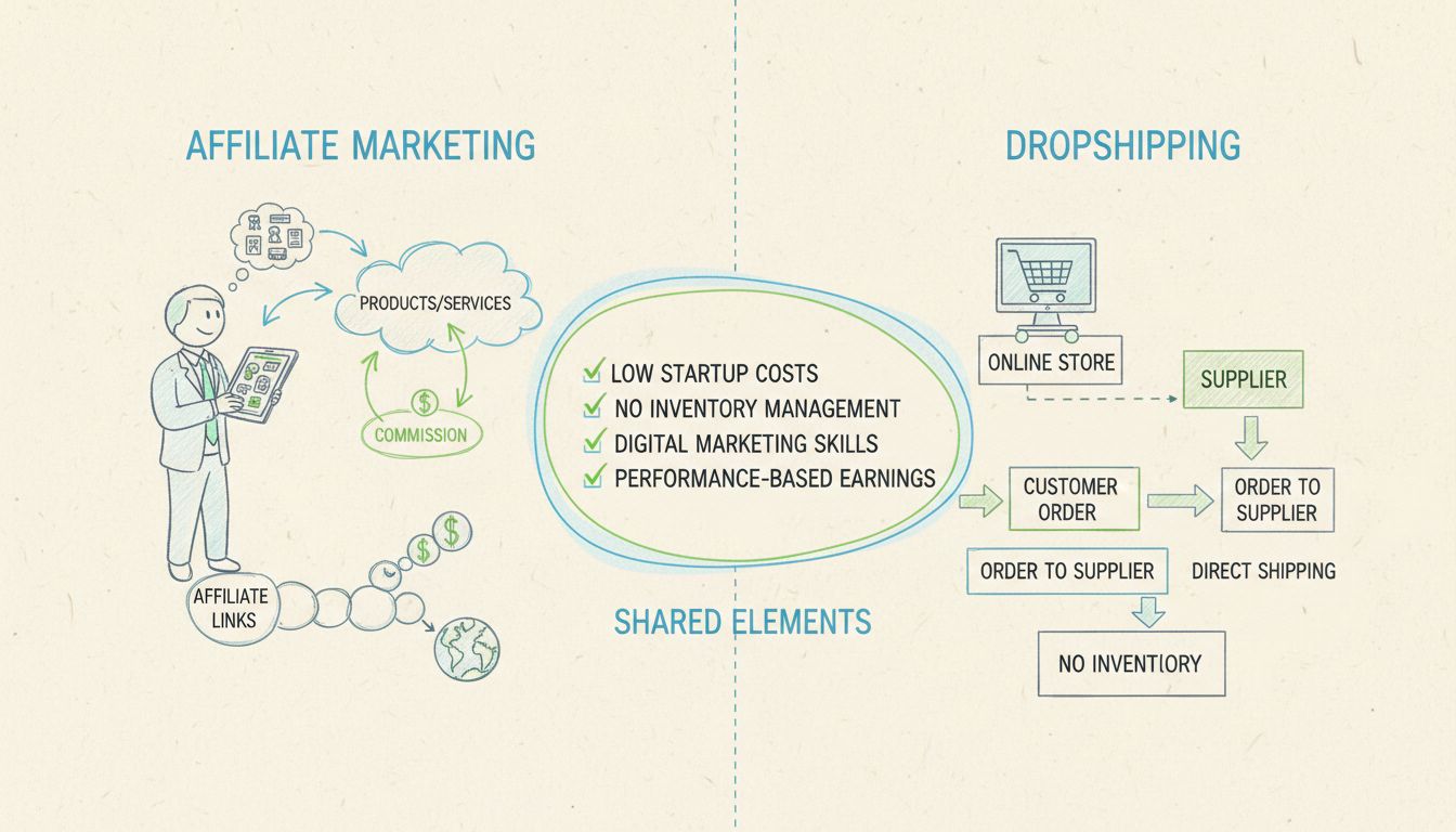 Diagrama comparativo dos modelos de negócios marketing de afiliados e dropshipping mostrando elementos compartilhados como baixo custo inicial, ausência de gestão de estoque, habilidades em marketing digital e ganhos baseados em desempenho